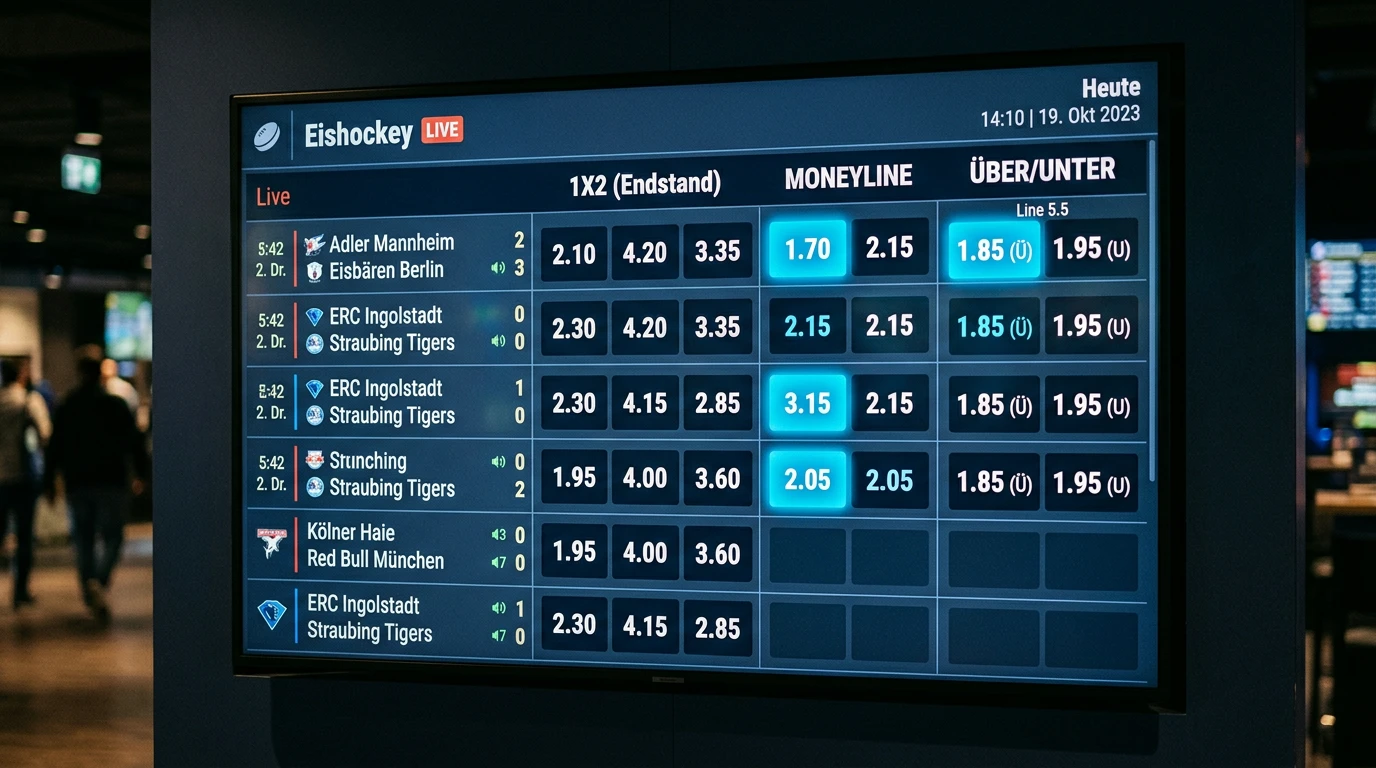 Echtzeit-Quotenboard für Eishockey Live Wetten mit sich schnell ändernden In-Play-Quoten auf dem Bildschirm