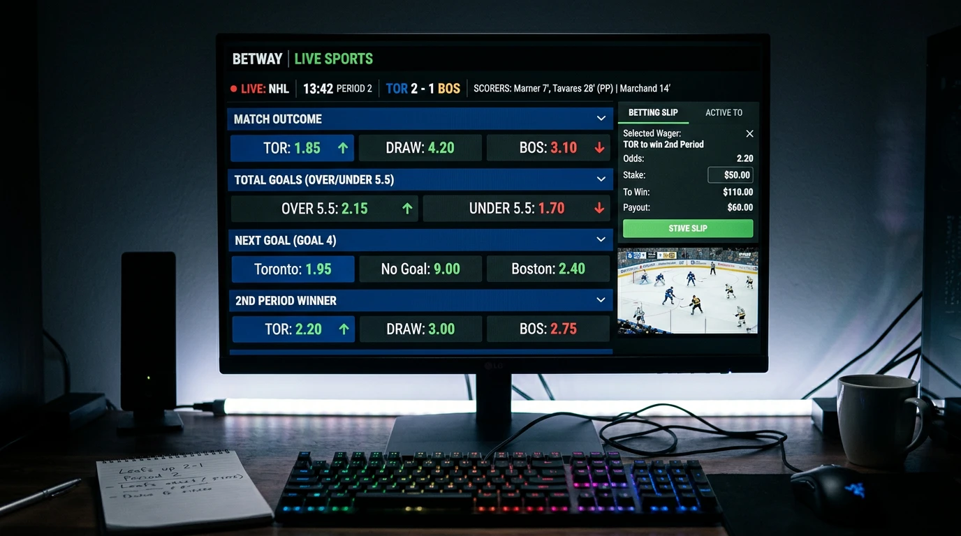 Live-Wetten-Bereich einer Eishockey-Plattform mit Echtzeit-Quoten, Marktmenü und Spielstandanzeige