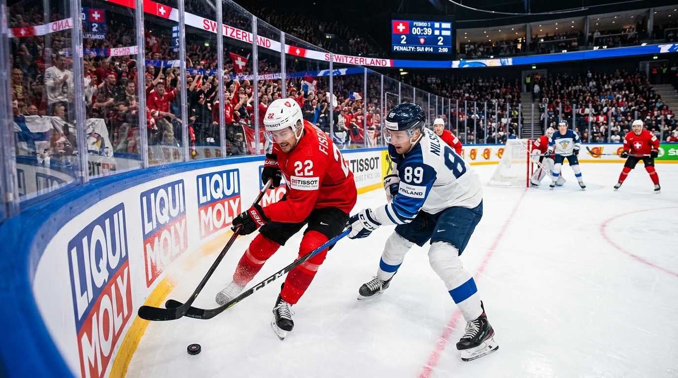 Schweizer Eishockey-Fan verfolgt eine Live-Wette auf dem Smartphone während eines spannenden National-League-Spiels
