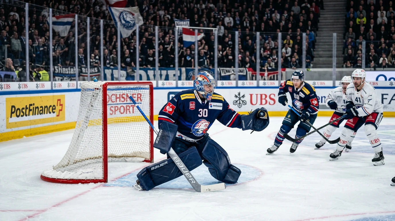 Eishockey Over/Under Wetten: Torwart verteidigt das Gehäuse beim Eishockey-Spiel in der Schweiz