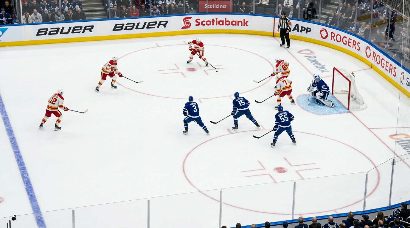 Eishockey-Powerplay-Situation auf dem Eis mit Überzahlspieler — idealer Moment für eine Powerplay-Strategie-Live-Wette
