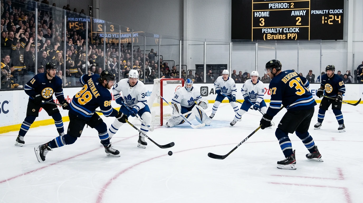 Eishockey Powerplay Wetten — Überzahlsituation auf dem Eis mit vier gegen fünf Spielern beim Live-Eishockey-Spiel
