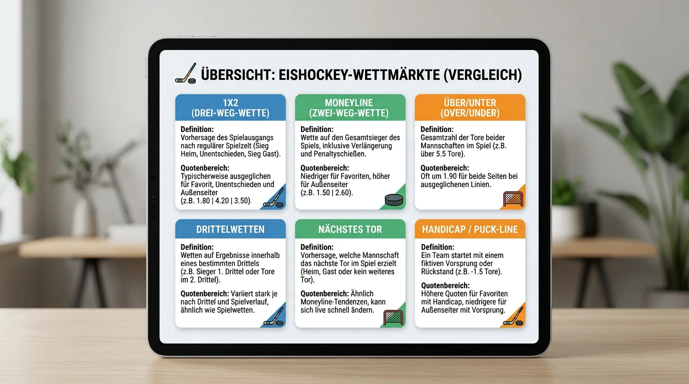 Übersicht der wichtigsten Eishockey-Wettmärkte für Live-Wetten: 1X2, Moneyline, Over/Under und Drittelwetten im Vergleich