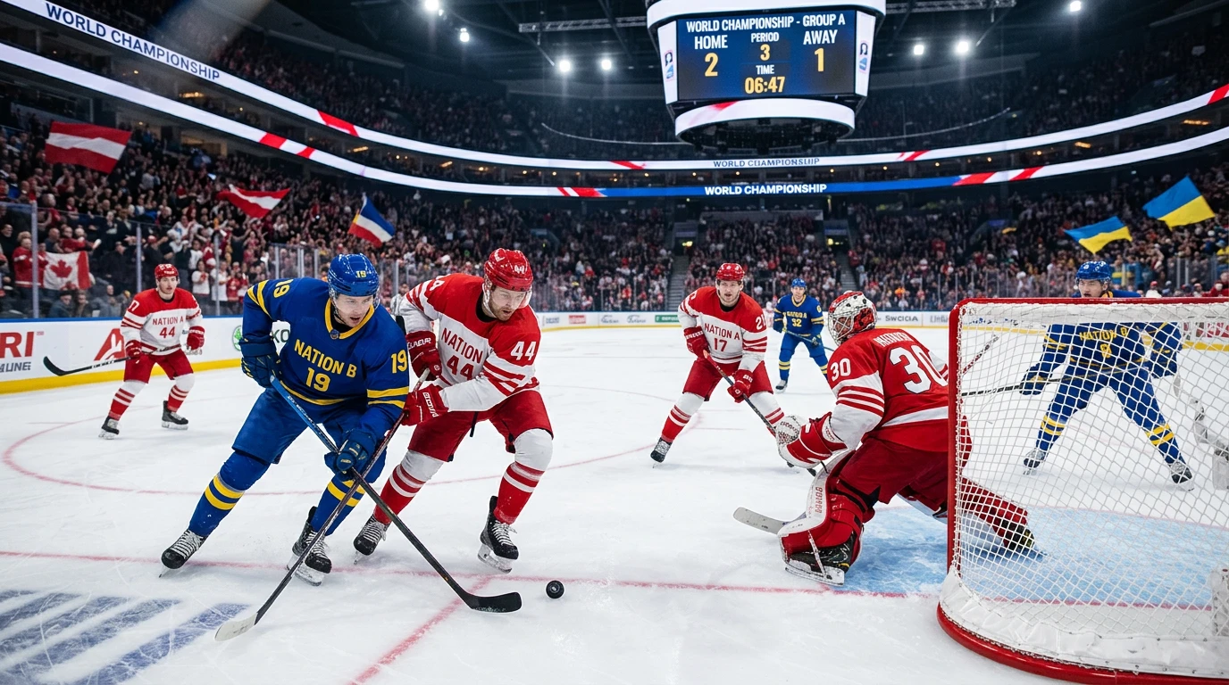 IIHF WM 2026 Gruppenphase Wetten — Eishockey-WM-Gruppenspiel zwischen Nationen mittlerer Stärke auf dem Eis