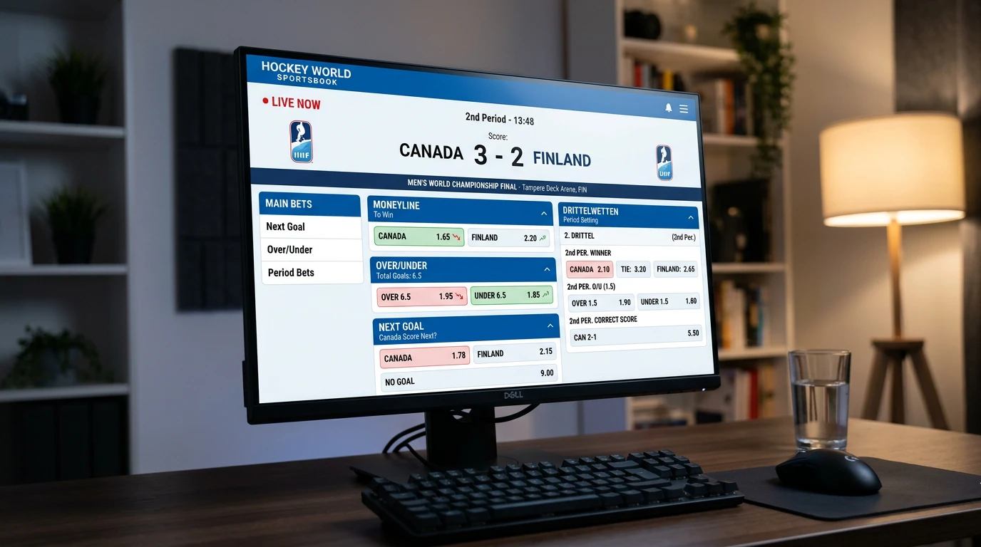 IIHF WM Live Märkte 2026 — Eishockey-WM-Spiel in Live-Wett-Interface mit Quoten für Over Under Drittelwetten