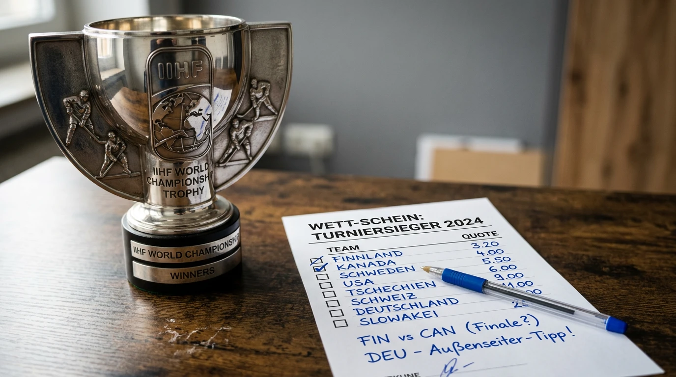 IIHF WM Outright Märkte 2026 — Eishockey-WM-Trophäe mit Wettquoten-Anzeigetafel für Turniersieger