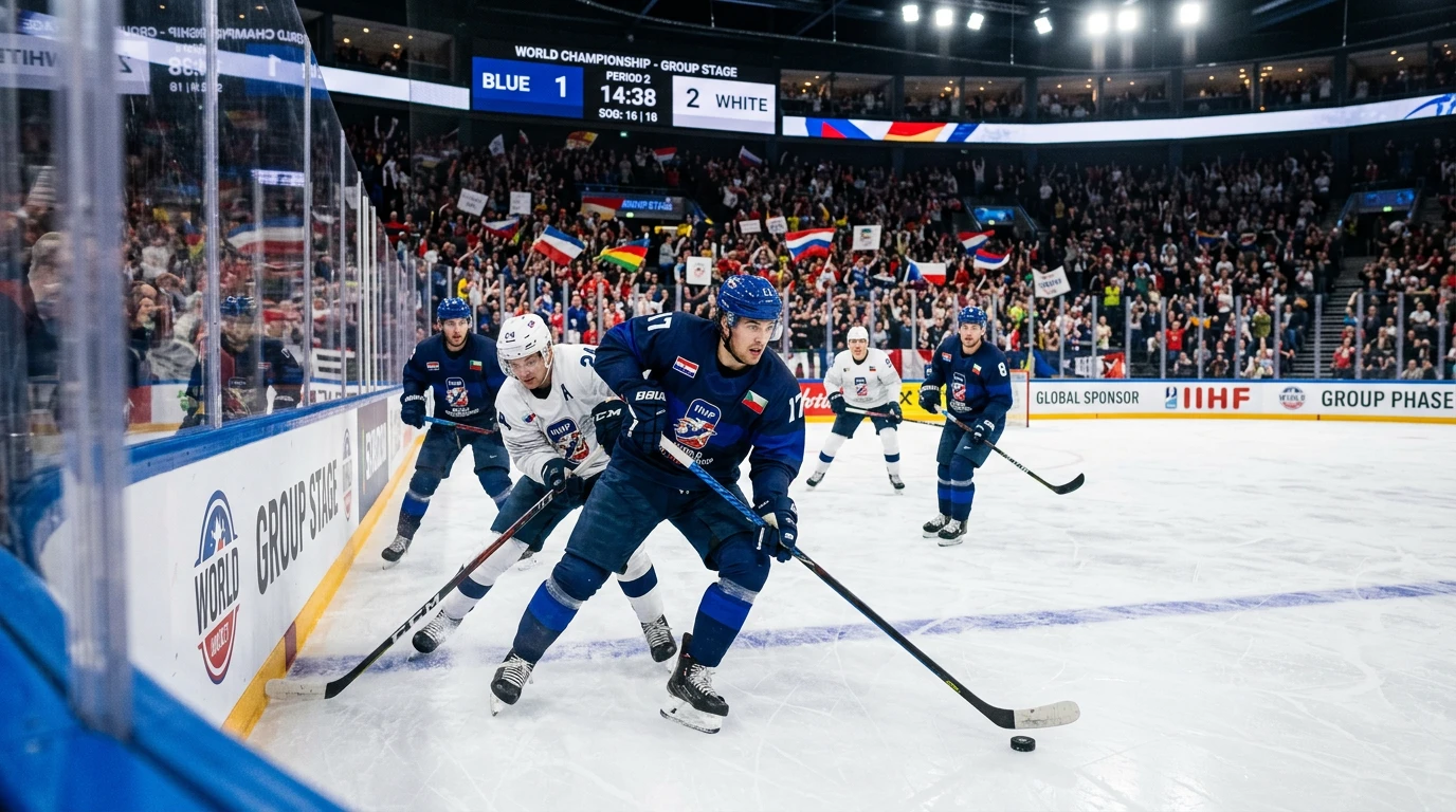 IIHF Eishockey WM 2026 Turnier Vorschau — Eishockeyspieler im Nationaltrikot bei IIHF-Weltmeisterschaft Gruppenspiel