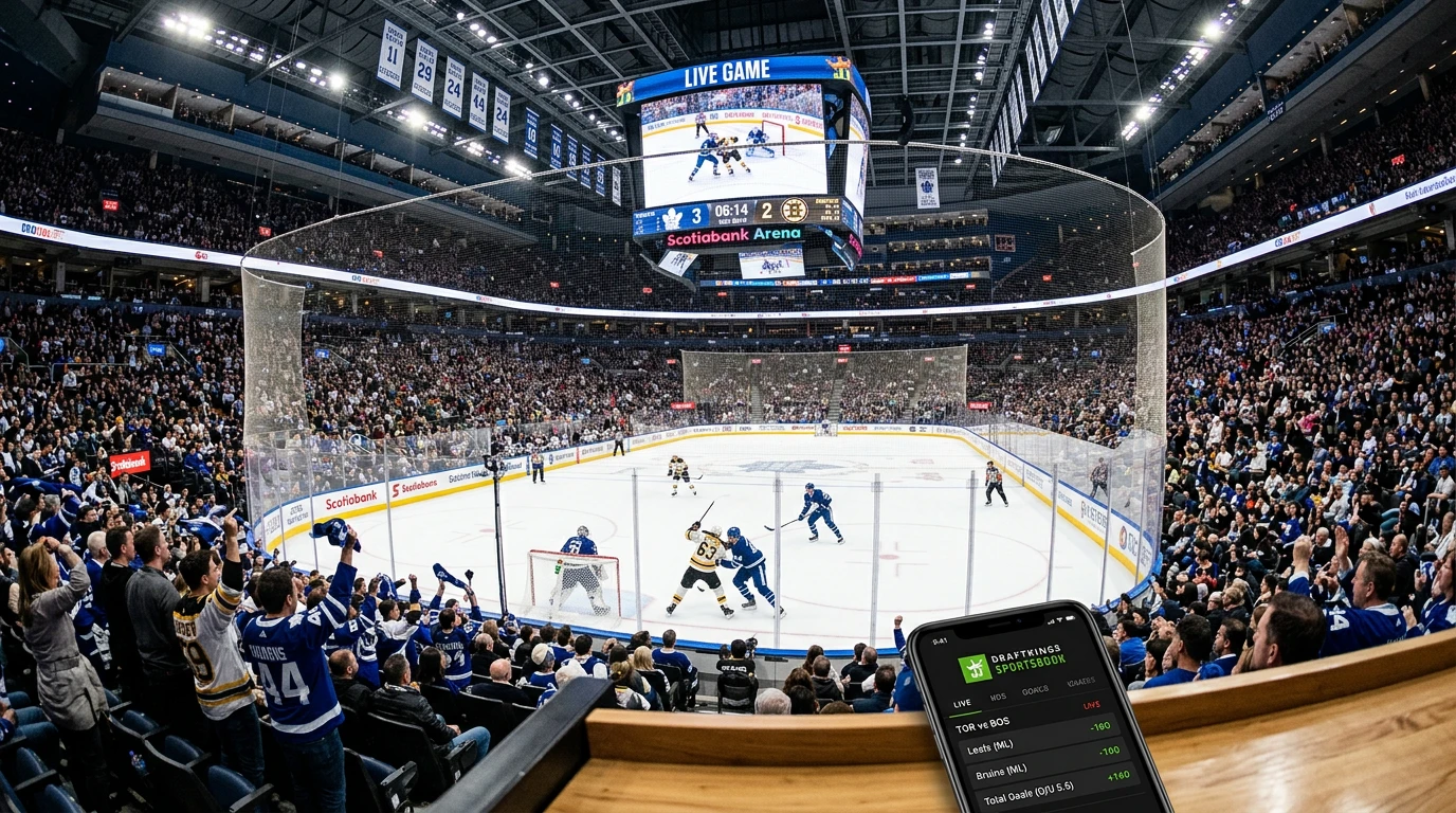 NHL Live Wetten Schweizer Sportwetter — nordamerikanisches NHL-Spiel mit vollem Stadion und Live-Wetten-Interface