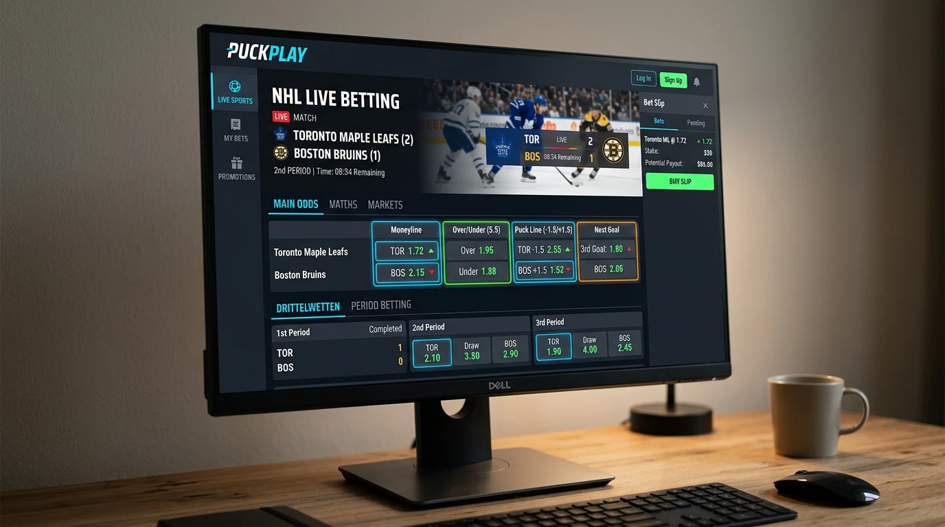 NHL Live Wetten Märkte Anbieter — Live-Wettoberfläche mit NHL-Märkten Over Under Puck Line Moneyline